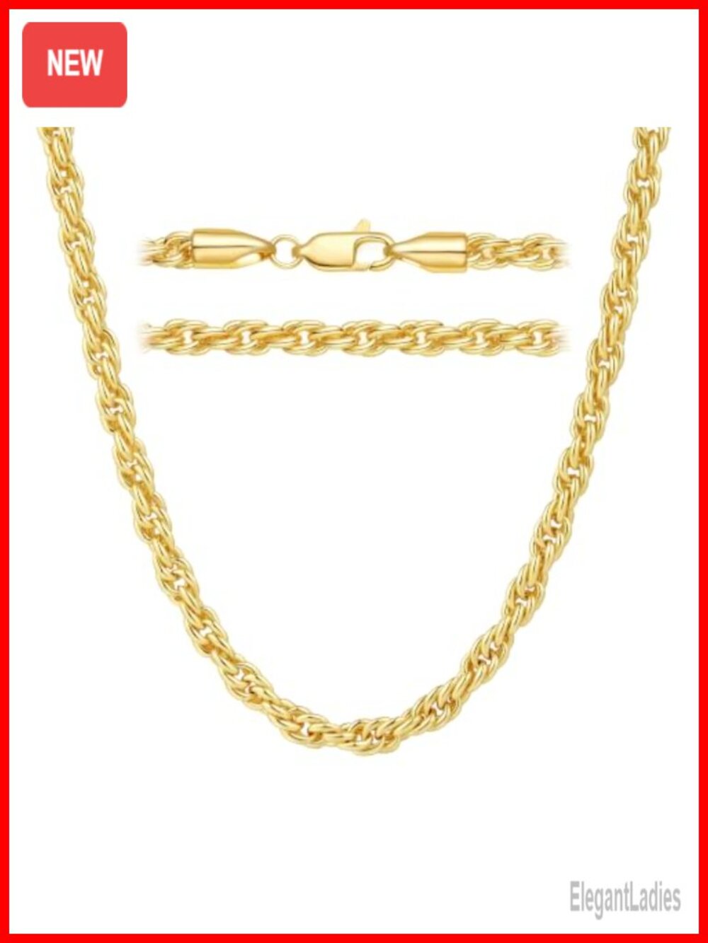 14K Gold Plated Twisted Rope Chain Necklace 4mm Lobster Clasp 20in